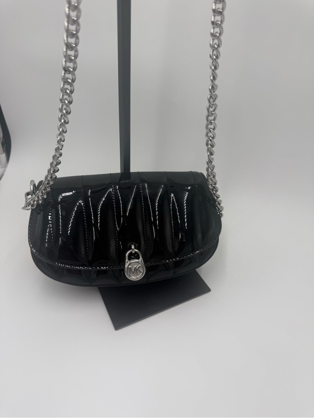 Michael Kors Black Patent Quilted Crossbody Bag with Silver Chain NWT - Picture 13 of 15